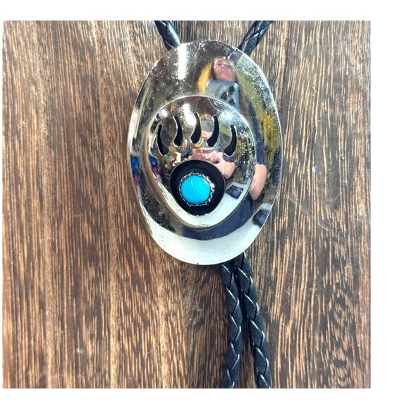 Vintage Navajo Bear Paw Design Blue Turquoise Sterling Silver Bolo Tie Southwest - Picture 1 of 5